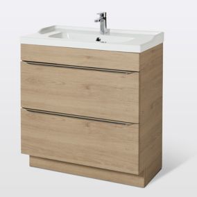 Meuble vasque à poser effet chêne l.80 cm Imandra + plan vasque blanc céramique Lana, GoodHome
