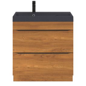 Meuble vasque à poser effet noyer Imandra + plan vasque noir résine Mila, GoodHome