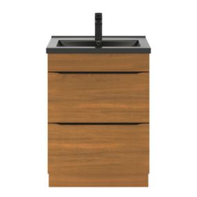 Meuble vasque à poser effet noyer l.60 cm Imandra + plan vasque noir céramique Nira, GoodHome