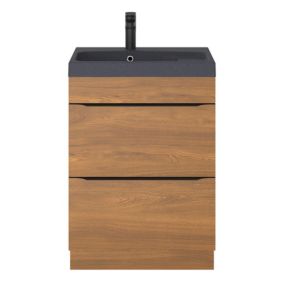 Meuble vasque à poser effet noyer l.60 cm Imandra + plan vasque noir résine Mila, GoodHome