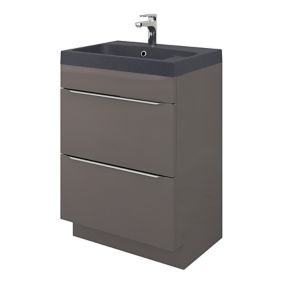 Meuble vasque à poser gris l.60 cm Imandra + plan vasque noir résine Mila, GoodHome