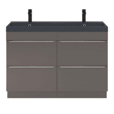 Meuble vasque à poser gris taupe brillant l.120 cm Imandra + plan double vasque noir résine Mila, GoodHome