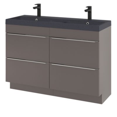 Meuble vasque à poser gris taupe brillant l.120 cm Imandra + plan double vasque noir résine Mila, GoodHome