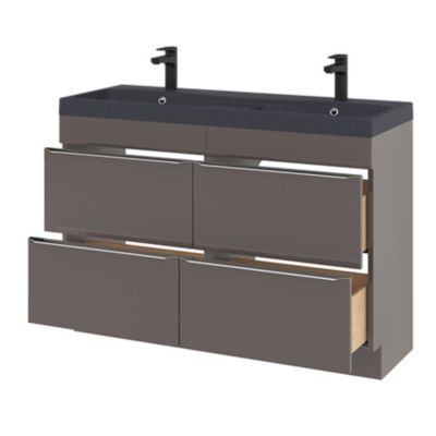 Meuble vasque à poser gris taupe brillant l.120 cm Imandra + plan double vasque noir résine Mila, GoodHome