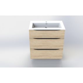 Meuble vasque à poser l.60 cm effet bois + plan vasque blanc en résine, Pamili