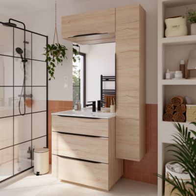 Meuble vasque à poser l.80 cm effet bois + plan vasque blanc en résine, Pamili