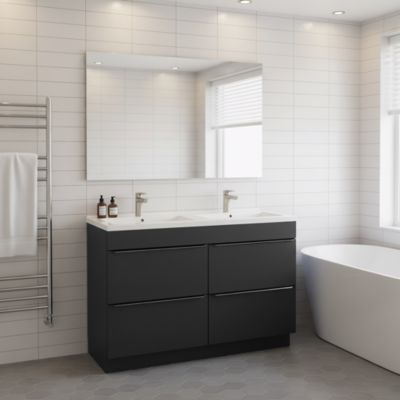 Meuble vasque à poser noir mat l.120 cm Imandra + plan double double vasque blanc céramique Nira, GoodHome