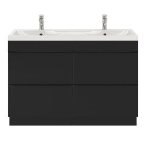 Meuble vasque à poser noir mat l.120 cm Imandra + plan double vasque blanc résine Mila, GoodHome
