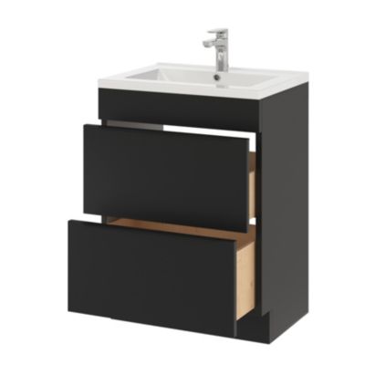 Meuble vasque à poser noir mat l.60 cm Imandra + plan vasque blanc céramique Nira, GoodHome