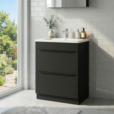 Meuble vasque à poser noir mat l.60 cm Imandra + plan vasque blanc céramique Nira, GoodHome
