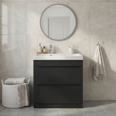 Meuble vasque à poser noir mat l.80 cm Imandra + plan vasque blanc résine Mila, GoodHome