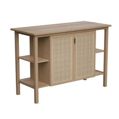 Meuble vasque à poser placage chêne et cannage avec plan de toilette l.114 x H.80 x P.50 cm, 2 portes, Thiam