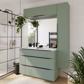 Meuble vasque à poser vert sauge mat l.120 cm + plan double vasque blanc en résine, Pamili