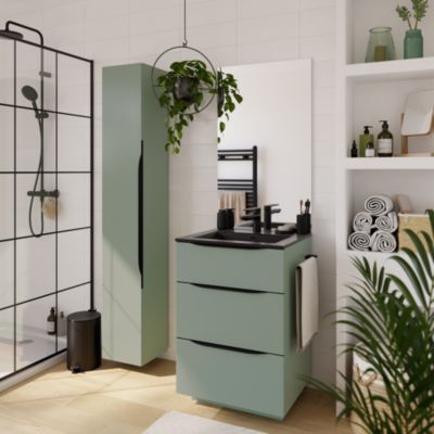 Meuble vasque à poser vert sauge mat l.60 cm + plan vasque noir en résine, Pamili