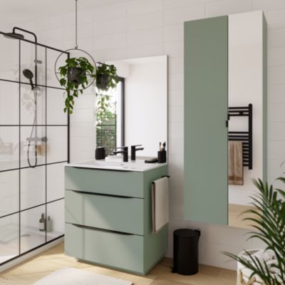 Meuble vasque à poser vert sauge mat l.80 cm + plan vasque blanc en résine, Pamili