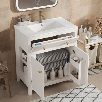 Meuble vasque blanc de 81 x 46,5 cm avec vasque en céramique, 1 tiroir et 1 porte à fermeture douce, meuble vasque moderne