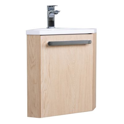 Meuble vasque d'angle compact suspendu effet chêne + plan vasque blanc en résine, Homesight Skino