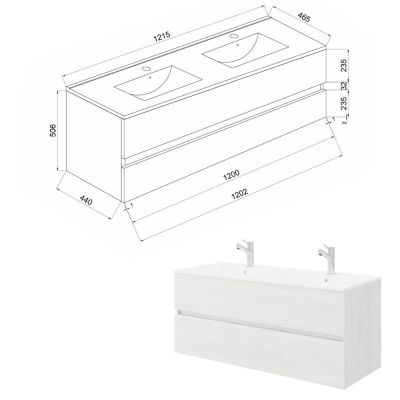 Meuble vasque double encastrée EASY - 2 tiroirs Chêne clair L. 120 cm - Saniverre