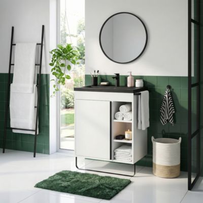 Meuble vasque faible profondeur blanc avec porte-serviettes l.65 x H.82 x P.36 cm Maza + plan vasque céramique noir Nira, GoodHome