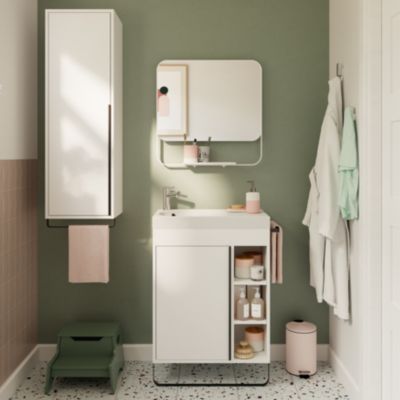 Meuble vasque faible profondeur blanc avec porte-serviettes l.65 x H.82 x P.36 cm + plan vasque résine blanc + miroir, GoodHome Maza