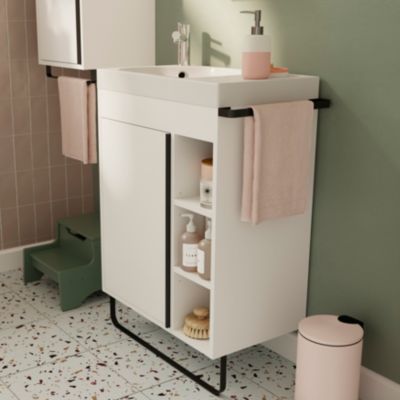 Meuble vasque faible profondeur blanc avec porte-serviettes l.65 x H.82 x P.36 cm + plan vasque résine blanc + miroir, GoodHome Maza