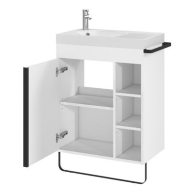 Meuble vasque faible profondeur blanc avec porte-serviettes l.65 x H.82 x P.36 cm + plan vasque résine blanc + miroir, GoodHome Maza