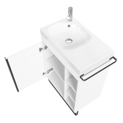 Meuble vasque faible profondeur blanc avec porte-serviettes l.65 x H.82 x P.36 cm + plan vasque résine blanc + miroir, GoodHome Maza