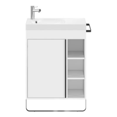 Meuble vasque faible profondeur blanc avec porte-serviettes l.65 x H.82 x P.36 cm + plan vasque résine blanc + miroir, GoodHome Maza