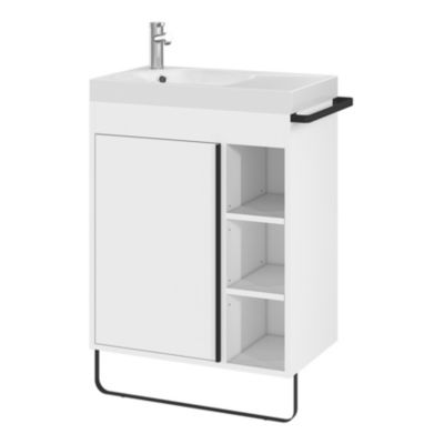 Meuble vasque faible profondeur blanc avec porte-serviettes l.65 x H.82 x P.36 cm + plan vasque résine blanc + miroir, GoodHome Maza