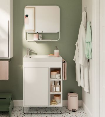 Meuble vasque faible profondeur blanc avec porte-serviettes l.65 x H.82 x P.36 cm + plan vasque résine blanc + miroir, GoodHome Maza