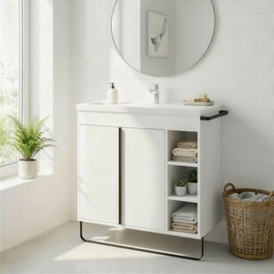Meuble vasque faible profondeur blanc avec porte-serviettes l.85 x H.82 x P.36 cm Maza + plan vasque céramique blanc Nira, GoodHome