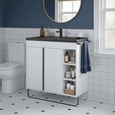 Meuble vasque faible profondeur blanc avec porte-serviettes l.85 x H.82 x P.36 cm Maza + plan vasque céramique noir Nira, GoodHome