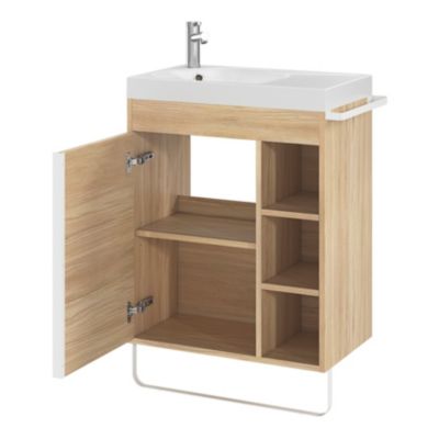 Meuble vasque faible profondeur effet bois avec porte-serviettes l.65 x H.82 x P.36 cm Maza + plan vasque résine, GoodHome Maza