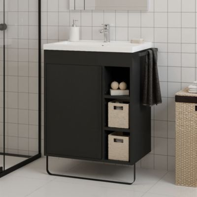 Meuble vasque faible profondeur noir avec porte-serviettes l.65 x H.82 x P.36 cm Maza + plan vasque blanc céramique Nira, GoodHome