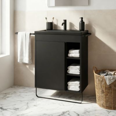 Meuble vasque faible profondeur noir avec porte-serviettes l.65 x H.82 x P.36 cm Maza + plan vasque noir céramique Nira, GoodHome