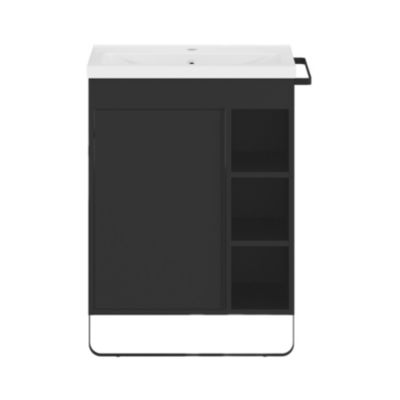 Meuble vasque faible profondeur noir avec porte-serviettes l.65 x H.82 x P.36 cm + plan vasque blanc résine, GoodHome Maza