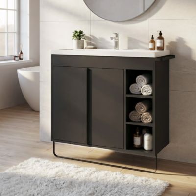 Meuble vasque faible profondeur noir avec porte-serviettes l.85 x H.82 x P.36 cm Maza + plan vasque blanc céramique Nira, GoodHome