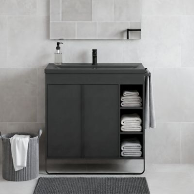 Meuble vasque faible profondeur noir avec porte-serviettes l.85 x H.82 x P.36 cm Maza + plan vasque noir céramique Nira, GoodHome
