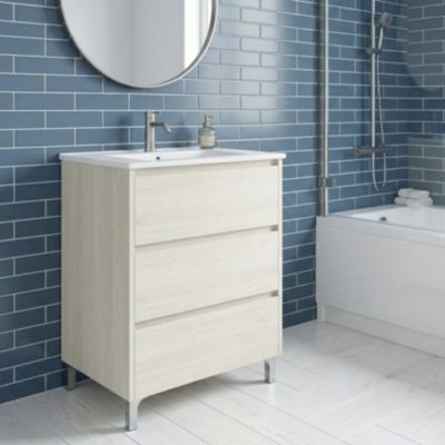 Meuble vasque L.60cm sur pied 3 tiroirs Chêne blanchi LISBONA - sans ...