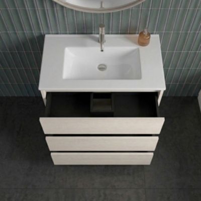Meuble vasque L.60cm sur pied 3 tiroirs Chêne blanchi LISBONA - sans ...