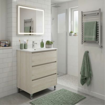 Meuble vasque L.60cm sur pied 3 tiroirs Chêne blanchi LISBONA - sans ...