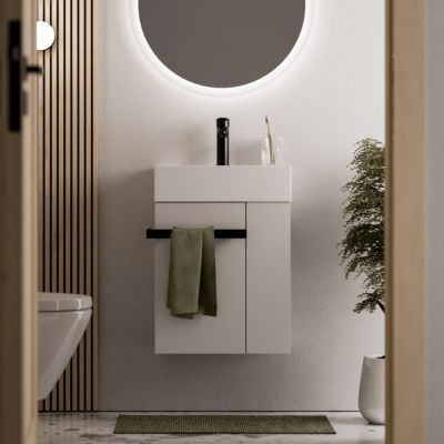 Meuble vasque lave-main Blanc mat 45x35x50cm (LxPxH) 1 tiroir + rangement droite + poignée Noir mat - COMPACT450