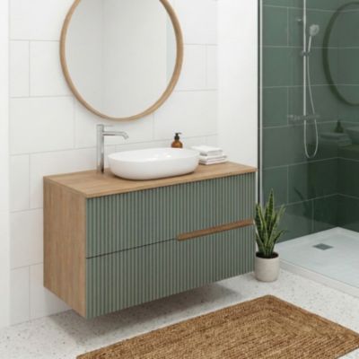 Meuble vasque à poser L.100cm suspendu Chêne naturel 2 tiroirs Vert sauge cannelé EVA - sans colonne