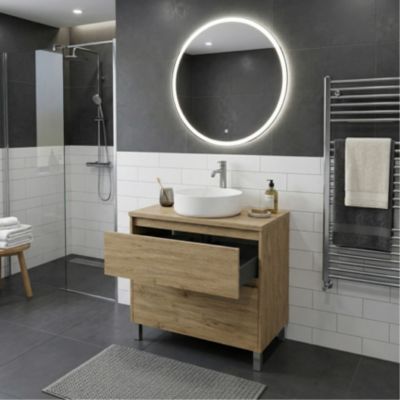 Meuble vasque à poser L.100cm sur pied 2 tiroirs Chêne naturel LISBONA - sans colonne