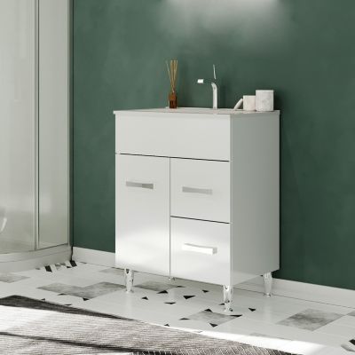 Meuble vasque sur pieds MADRID avec simple vasque Blanc L. 60 cm + miroir - Saniverre