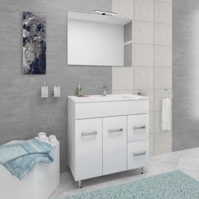 Meuble vasque sur pieds MADRID avec simple vasque Blanc L. 80 cm + miroir - Saniverre