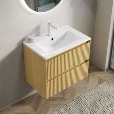 Meuble vasque suspendu 61 cm chêne doré et blanc avec 2 tiroirs