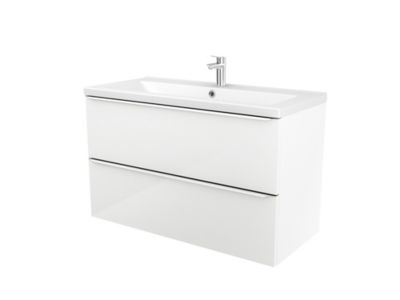 Meuble vasque suspendu blanc brillant l.100 cm Imandra + plan vasque blanc céramique Nira, GoodHome