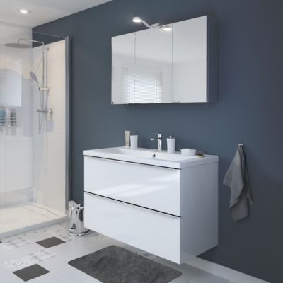 Meuble vasque suspendu blanc brillant l.100 cm Imandra + plan vasque blanc céramique Nira, GoodHome