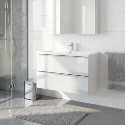 Meuble vasque suspendu blanc brillant l.100 cm Imandra + plan vasque blanc céramique Nira, GoodHome